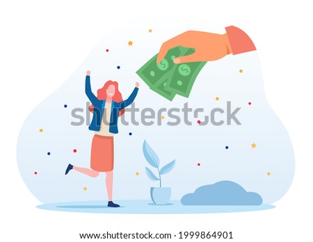 Concept of obtaining a universal basic income. The hand extends money to a happy woman. Blue background with stars. Flat cartoon vector illustration