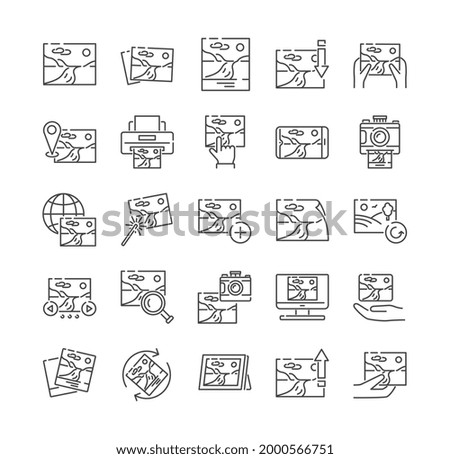 Large set of photography icons with cameras, photos showing assorted editing techniques and uses. Print, Edit, Enhance Image. Line drawn vector illustration for design elements