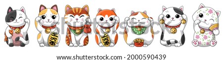 Set of adorable little cartoon Japanese lucky cats maneki neko holding coban coin with kanji meaning richness. Collection of oriental cartoon vector illustrations isolated on white background