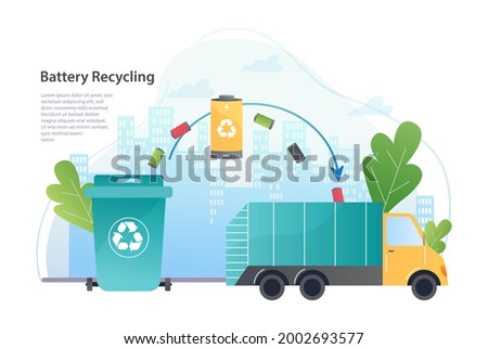 Battery recycling concept. A truck with energy waste takes batteries from the sorting tank. Reuse and recycling of energy. Flat vector illustration with information isolated on a white background Stockfoto © 