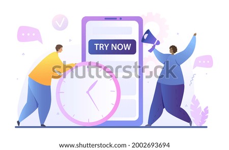 Free trial version concept. The man rolls out the watch, and the woman rejoices at the opportunity to use the program for free. A gift for users. Promotion strategy. Cartoon flat vector illustration