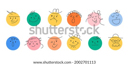 Round abstract comic Faces with various Emotions. Crayon drawing style. Different colorful characters. Stickers for websites and social network. Hand drawn flat Linear vector set on a white background