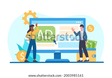 Male and female characters paid for advertising click on website. Young man and woman standing next to computer screen together. Concept of online ad click payment. Flat cartoon vector illustration