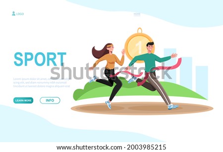 Young male and female characters are running together outdoors. Concept of sport couple working out together i summer. Website, web page, landing page template. Flat cartoon vector illustration