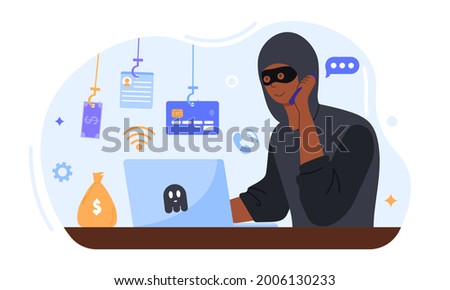 Online crime concept. A masked fraudster calls his victim on the phone and asks for banking information. The criminal steals money. Cartoon flat vector illustration isolated on a white background