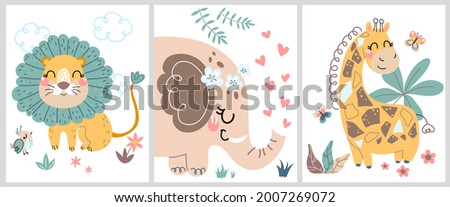 Cute hand drawn posters with a little lion, giraffe, elephant vector prints for baby room, baby shower card, greeting card, kids and baby t-shirts, and wear. Set of flat cartoon vector illustrations