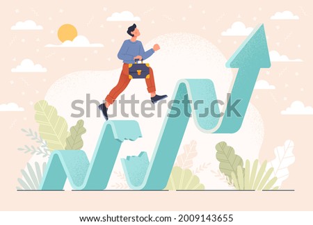 Business challenge, revenue rebound recover from economic crisis or earning and profit growth jump from bottom concept, strong businessman jumping back to top of growing bar graph. Vector illustration Stock foto © 