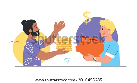 Saving money concept. Men put coins in a large piggy bank. Person saving money, getting profit or high income. Financial crisis. Cartoon doodle flat vector illustration isolated on a white background