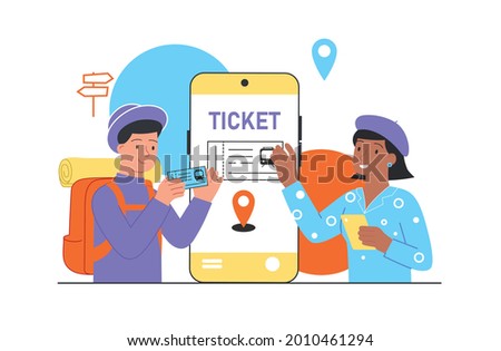 Train ticket concept. Traveler man buying, booking train ticket online using smartphone. Conductor checks the pass to the vehicle. Cartoon flat vector illustration isolated on a white background