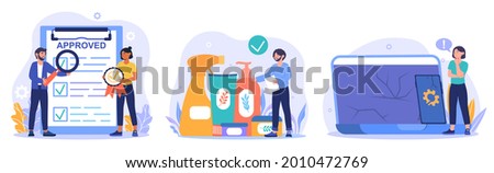Product manufacturing abstract concept. Product quality and safety control, defective product testing, customer feedback. People check their purchases. Cartoon flat vector set on a white background