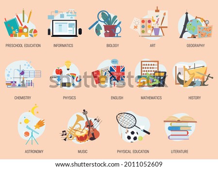 Colorful education and school lesson subjects icons. High school and preschool classes stickers, symbols or signs collection. Set of isolated flat cartoon vector illustrartions Foto stock © 