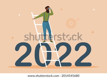 Business outlook concept. Businessman uses binoculars and looks for prospects for development of company. Leader stands on the stairs and looks into the future. Cartoon flat vector illustration