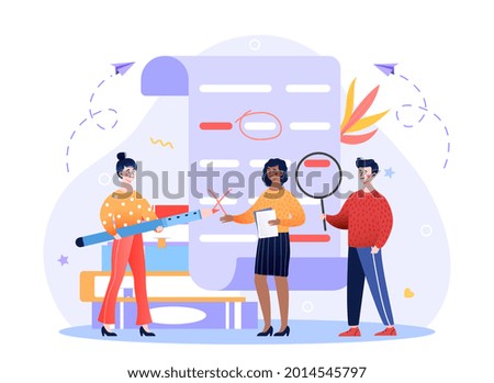 English Grammar Examination concept. Characters Correct Mistakes and Errors on Test Written on Huge Paper. Teacher checks the students work. Cartoon flat vector illustration on a white background