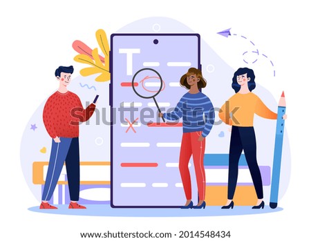English Grammar Examination concept. Small characters correct errors in text document on the phone. The teacher checks the electronic examination papers of students. Cartoon flat vector illustration