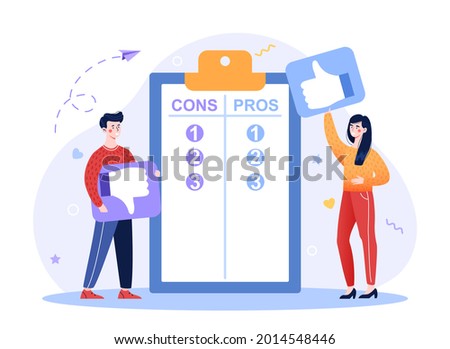 Pros and cons concept. Choice between positive and negative arguments for final decision. Man and woman study the advantages and disadvantages. Cartoon flat vector illustration on white background