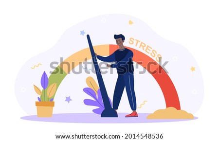 Stress level concept. Man solves problems and reduces psychological pressure. Character tired because of the emotional and work load. Cartoon flat vector illustration isolated on a white background Stock foto © 