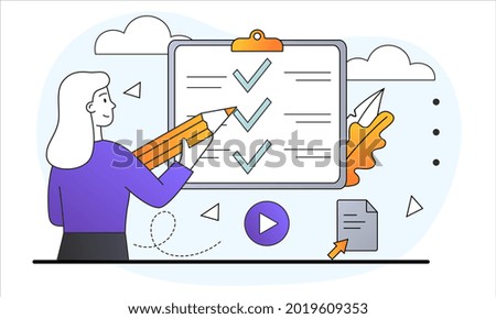 Completed tasks concept. Woman holds pencil and ticks list of tasks. Time management and workday planning. Meet the deadline. Cartoon doodle flat vector illustration isolated on white background