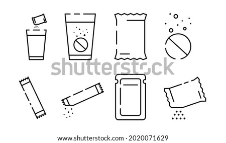 Set of sachet line icons on white background. Icons of sugar powder packet, soluble pill, effervescent effect outline pictogram for medicine. Flat cartoon vector illustration