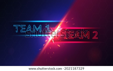 Colorful banner with team 1 versus team 2 battle on red and blue background. Concept of vs match with two players fighting. Flat cartoon vector illustration