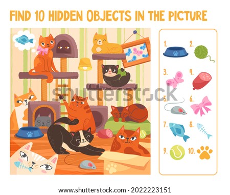 Colorful papersheet game find 10 hidden objects in the picture. Hidden items with cute funny colorful cats on educational worksheet for children. Flat cartoon vector character