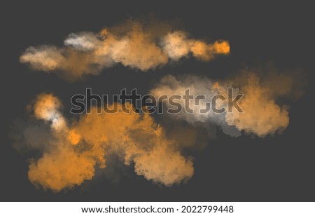 Dust colorful sand clouds with flying dusty on dark grey background. Concept of desert sandstorm template for creative use. Flat cartoon vector illustration