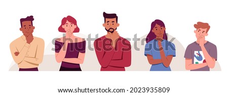 Male and female characters standing and thinking together on white background. Concept of people wondering or thinking, planning or pondering and holding hand by chin. Flat cartoon vector illustration Stock foto © 