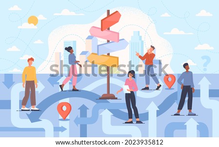 Young male and female characters are trying to find the right path direction and guide to destination. Different strategies for life choices and hardship solutions. Flat cartoon vector illustration