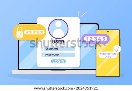 Two factor authentication. You need to enter a password, as well as verify your identity using your number. Used laptop and smartphone. Cartoon flat vector illustration isolated on a blue background