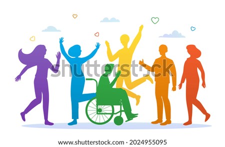 Silhouettes of people. People painted in LGBT colors. Picture of equality of all groups. Supporting minorities. Group of friends rejoices. Cartoon flat vector illustration isolated on white background