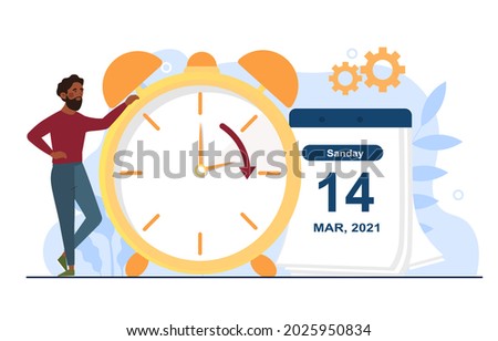 Change your clocks concept. Man switches table clock to daylight saving time. Clocks moves forward one hour. Calendar with marked date. Cartoon flat vector illustration isolated on white background