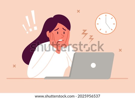 Stress at work concept. Tired sad busy woman sitting in office at laptop. Employee worried about burning deadlines for project. Cartoon modern flat vector illustration isolated on pink background