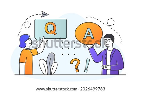 Questions and answers. Girl helps client with information. Technical support, FAQ. Concept of dialogue between an employee and user. Cartoon flat vector illustration isolated on white background