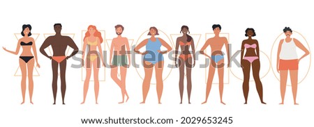 Set of male and female characters with different body shapes on white background. Concept of human figure type. Hourglass, inverted triangle, pear, rectangle and oval. Flat cartoon vector illustration