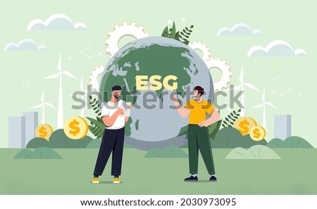 Taking care of environmental condition ESG. Scientists have discovered alternative energy sources. Preserving resources of planet. Cartoon modern flat vector illustration isolated on green background