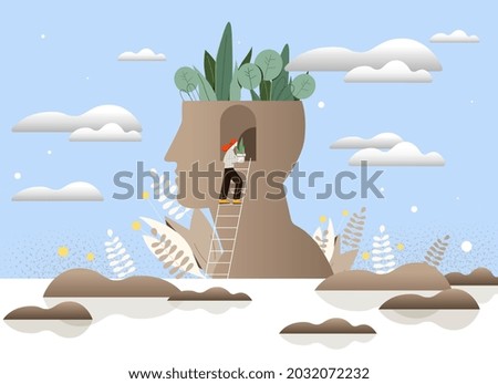 Mental peace and awareness concept. Woman carries flowers in profile of her head. Filling mind with positive energy. Yoga and meditation. Cartoon flat vector illustration isolated on blue background
