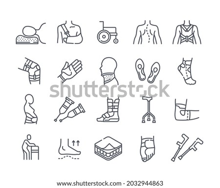 Medical Orthopedic Icons. Line of art stickers with various injuries of bones and joints. Body parts with bandages. Design elements for web. Cartoon flat vector set isolated on white background