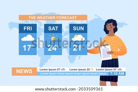 TV show host tells about weather condition for future weekend. Streaming video news broadcast with bar sign. Flat vector cartoon illustration concept with blue world map on background