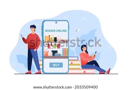 Online bookshop. Teens with smart gadgets use app for reading, buying and downloading books. Ready for school. Flat illustration cartoon vector concept web banner design isolated on white background Сток-фото © 