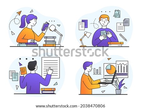 Collection of characters in online training. Men and women read books, take notes and watch webinar on laptop. Remote education. Cartoon doodle flat vector illustration isolated on white background