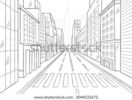 Hand drawn big city street graphic black and white sketch on white background. Concept of architect modern city view concept plan for building. Flat cartoon vector illustration