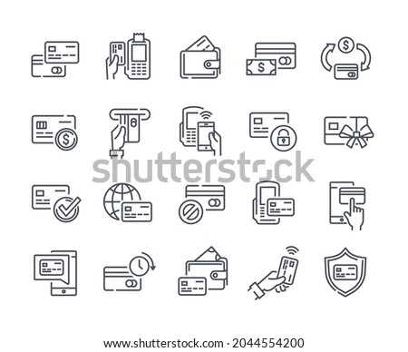 Set of credit card related linear icons on white background. Icon collection templates with wireless payment, do not accept cards sign, wallet and more. Flat cartoon vector illustration