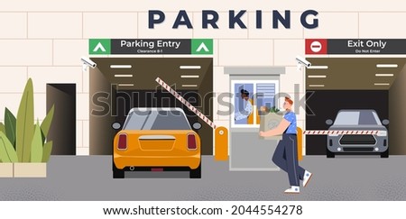 Car is driving through entrance with barrier on underground parking. Scene with male guard in booth opening gate to let driver to drive into parking lot. Flat cartoon vector illustration