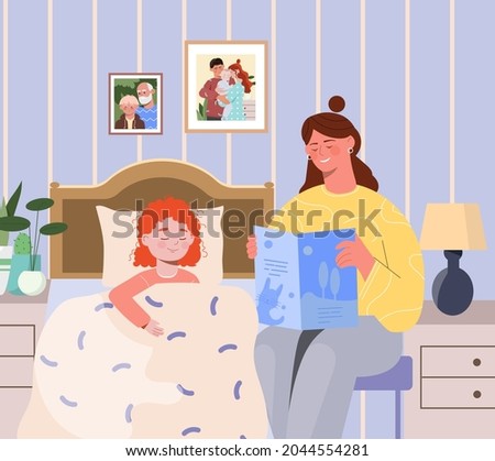 Mother is reading a bedtime story to put her little daughter to bed. Baby girl sleeping after reading a book. Young mom tells story in bedroom. Flat cartoon vector illustration Foto stock © 