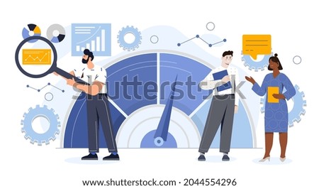 Modern benchmarking as business compare tool for improvement. Concept of performance, quality and cost comparison to competitor companies. Flat cartoon vector illustration