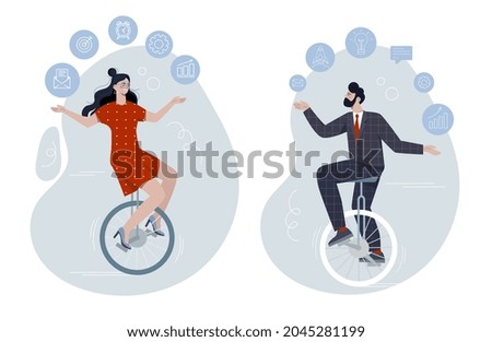 Male and female characters are riding unicycle and juggling office related elements. Productive master, productivity and project management skill, multitasking. Flat cartoon vector illustration