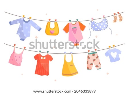 Clothes on ropes. Cute children clothes dry in sun. Dress, shirt, socks and trousers for newborn. Design elements for postcard and poster. Cartoon flat vector illustration isolated on white background