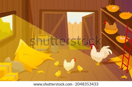 Barn on farm with chickens, straw and hay as a chicken coop. Interior of old wooden shed with hen nests, haystack, garden tools. Rural barnhouse for storage harvest. Flat cartoon vector illustration