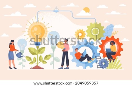 Business people characters are generating and maturing new ideas in the form of a lightbulb. Concept of brainstorming, business teamwork, finding new solutions. Flat cartoon vector illustration