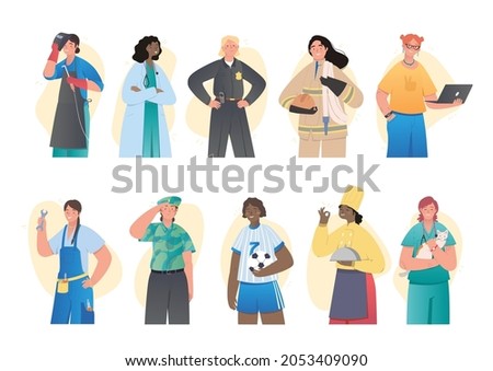Women of different professions. Collection of female characters policeman, doctor, cook, firefighter and veterinarian. Gender equality. Cartoon flat vector collection isolated on white background