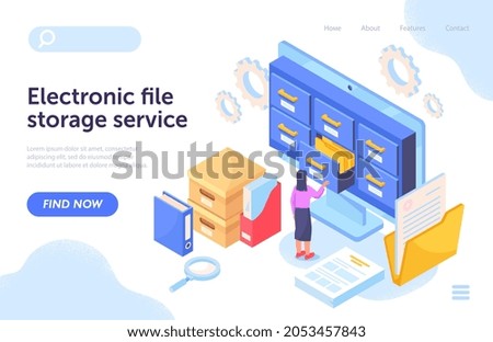 File storage concept. Girl works in archive. Analysis of statistics, information storage. Servers, cabinet full od documents, laptop. Cartoon flat vector illustration isolated on white background